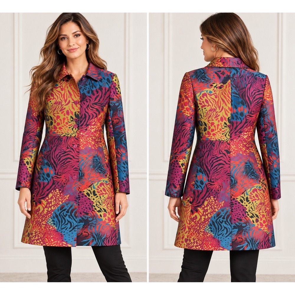 NWT Anne Klein Womens 6 Animal Print Trench Coat Multicolor Leopard Zebra Jacket